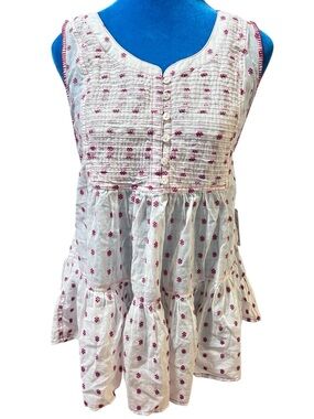 Free People Boho embroidered Pintuck Babydoll Top White Red Floral
